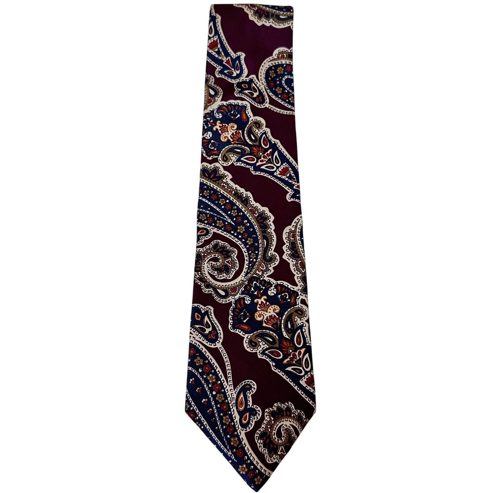 Vtg Christian Dior Monsieur Silk Tie Burgundy Navy Blue Gold Paisley Made in USA